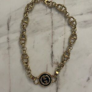 Gucci Gold Chain Necklace with Black Enamel Logo Medallion